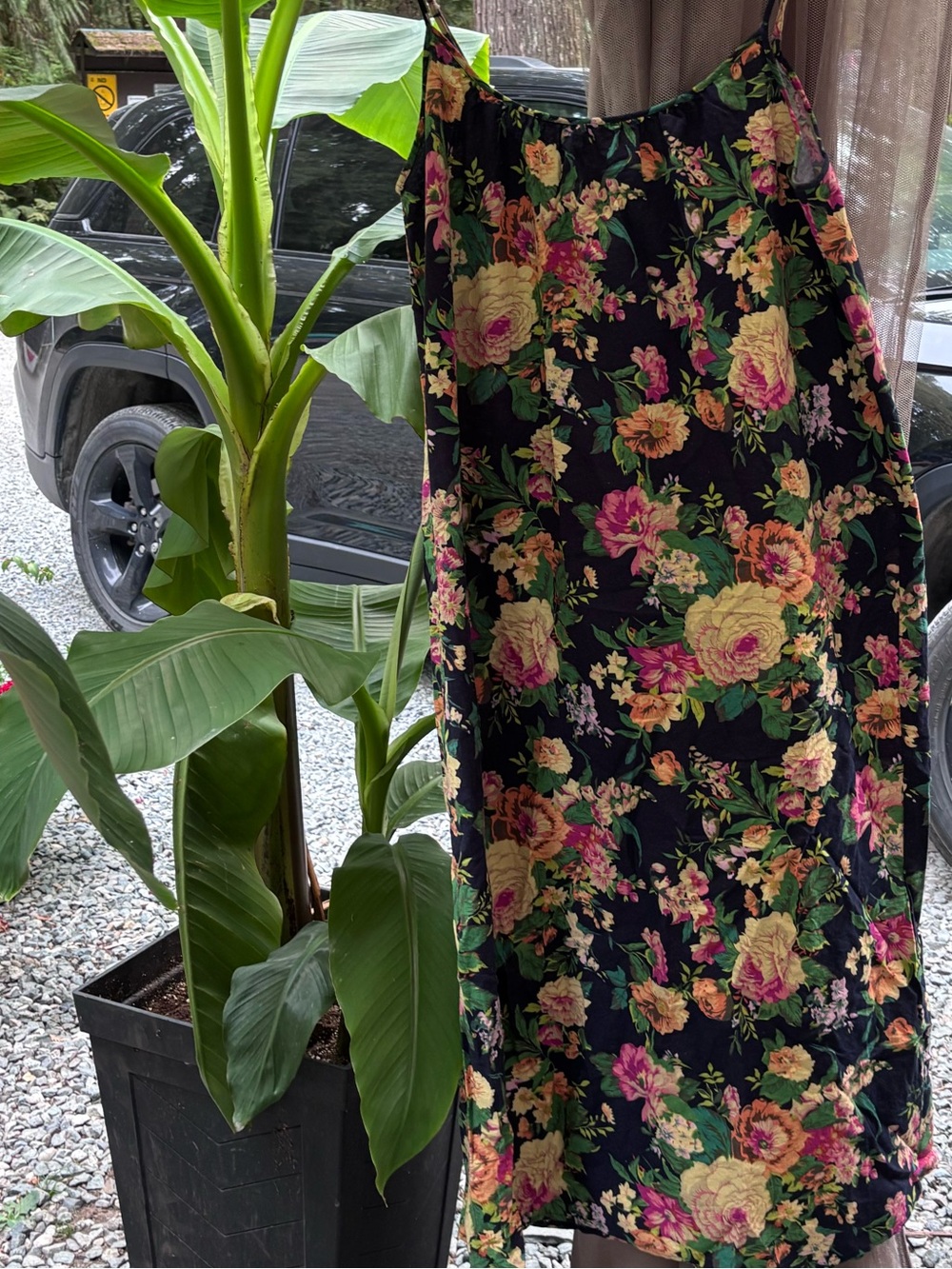 Floral Spaghetti-Strap Maxi Dress in Black and Yellow.  100% cotton